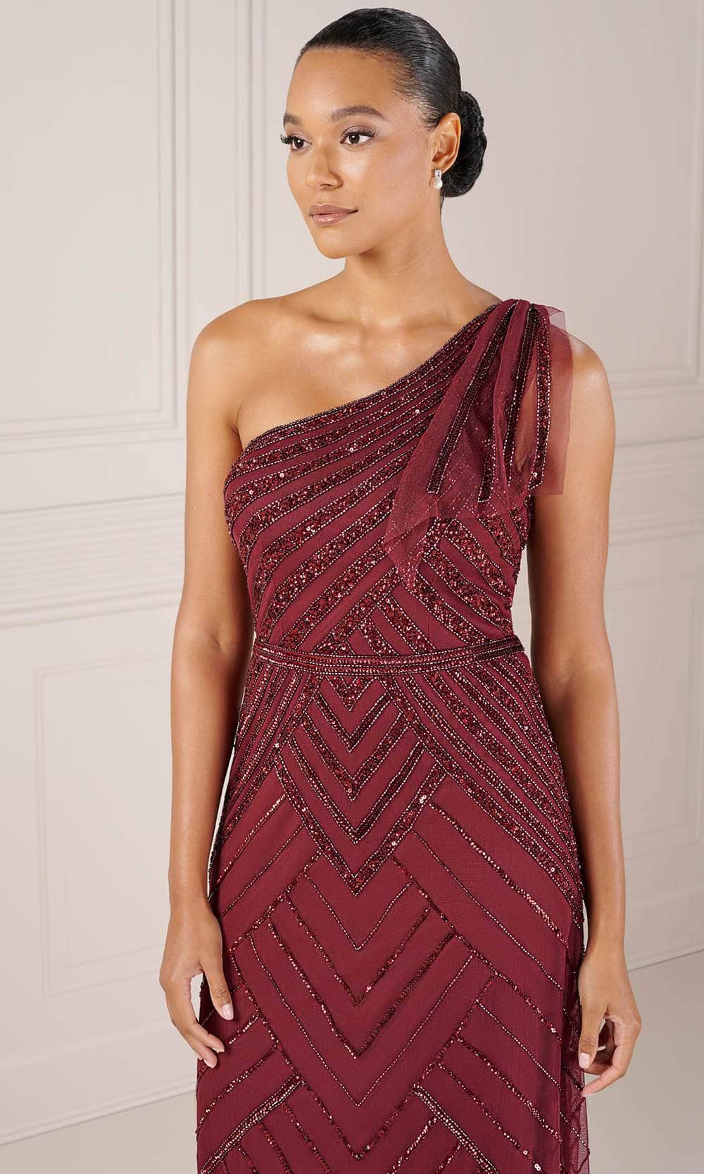 Adrianna Papell Platinum 40432 - Long Beaded Mesh Sheath Dress - One- Shoulder, Sequin, Beaded Waistline, Back Zipper Closure, Back Slit, Pleated Shoulder Detail ADASA Adrianna Papell Platinum 40432 - Long Beaded Mesh Sheath Dress - One- Shoulder, Sequin, Beaded Waistline, Back Zipper Closure, Back Slit, Pleated Shoulder Detail ADASA