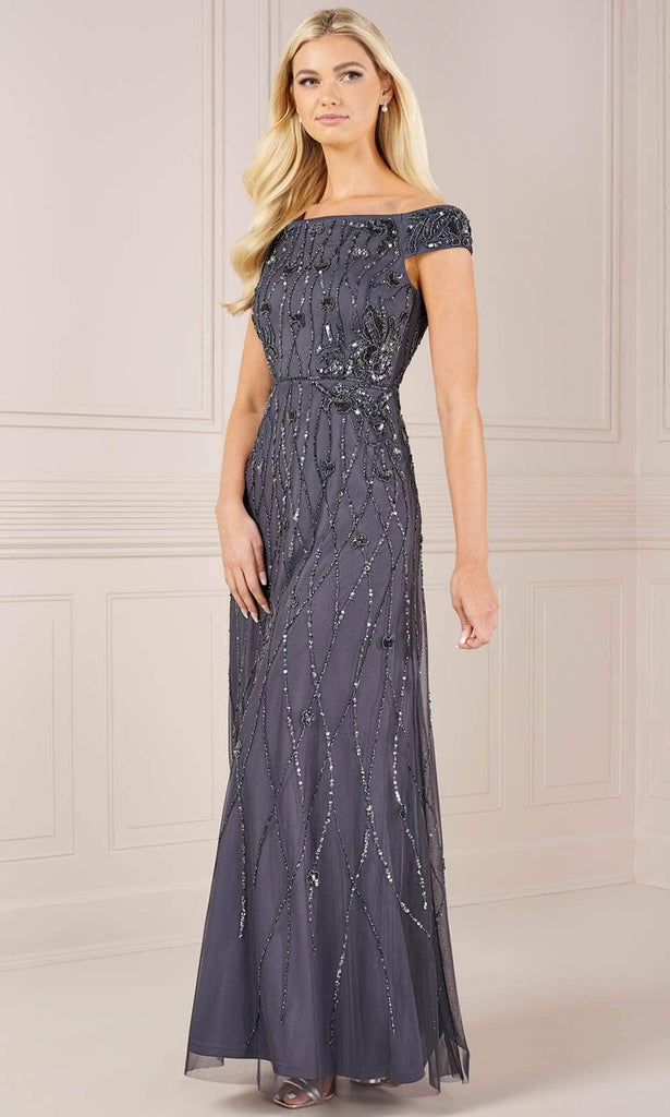 adrianna papell beaded off the shoulder dress Adrianna Papell Platinum 40435 - Long Beaded Mesh A-line Dress