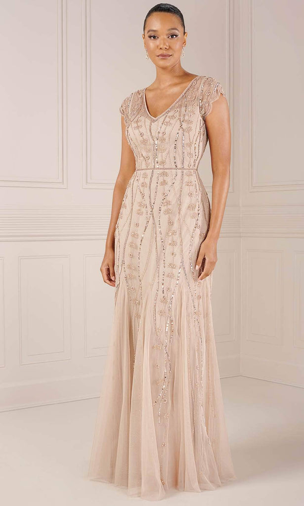 Adrianna Papell Platinum 40442 - Long Beaded Mesh Trumpet Dress - Scallop Short Sleeves, Sequined and Bead Embellished, Full Back, Back Zipper Closure ADASA Adrianna Papell Platinum 40442 - Long Beaded Mesh Trumpet Dress - Scallop Short Sleeves, Sequined and Bead Embellished, Full Back, Back Zipper Closure ADASA