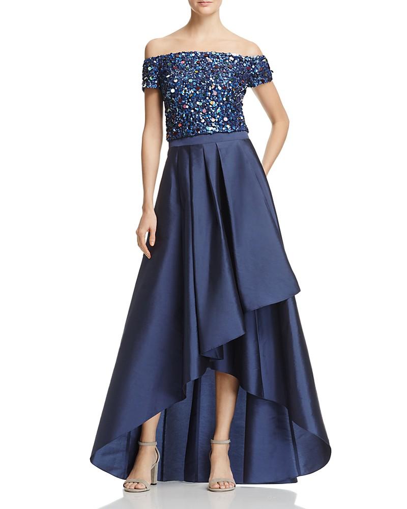 Adrianna Papell Sequined Off Shoulder High Low Gown AP1E201583SC