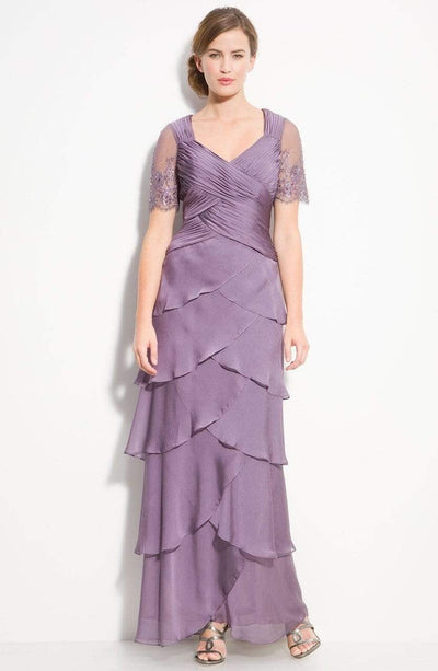 Adrianna Papell Sheer Beaded Short Sleeve Tiered Chiffon Gown 81865470 CCSALE 8 / Violet