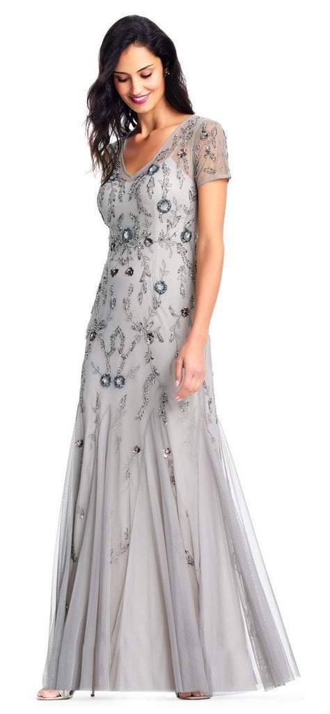 Adrianna Papell Short Sleeves Floral Beaded Godet Trumpet Gown AP1E202853 CCSALE 14 / Platinum Multi