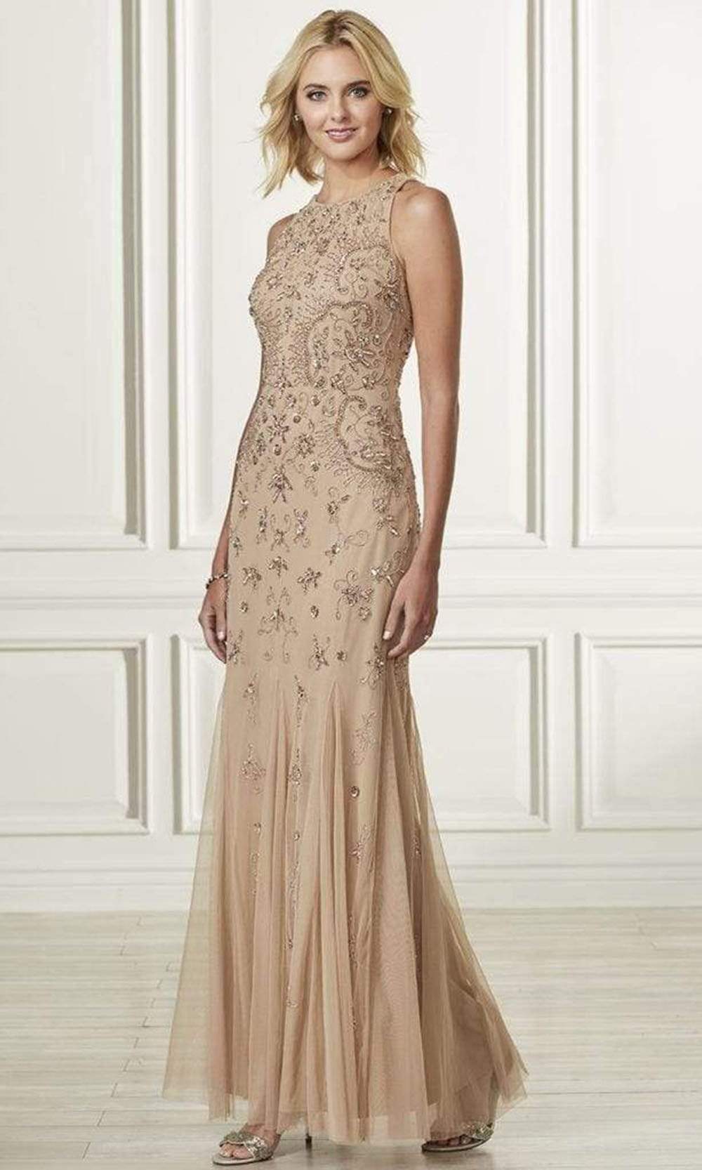 Adrianna Papell - Embellished Jewel Fitted Trumpet Dress 40183SC In Neutral
