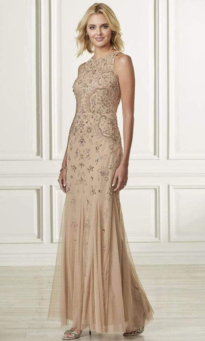 Adrianna Papell - Embellished Jewel Fitted Trumpet Dress 40183SC In Neutral