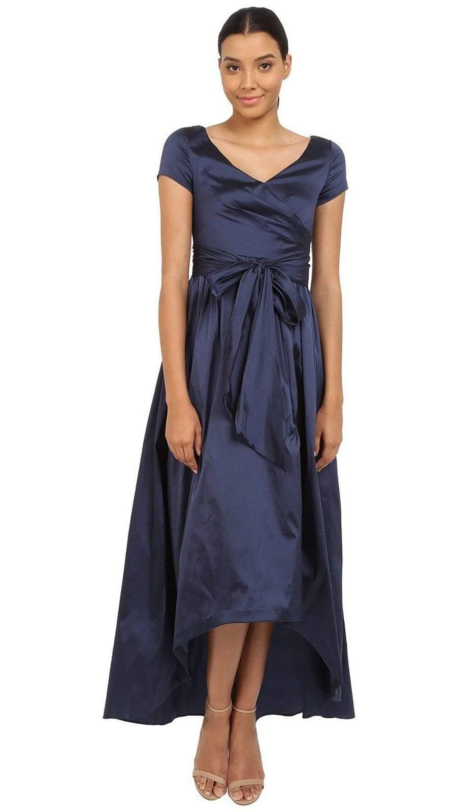 Adrianna Papell V-Neck Ruched Taffeta High-Low Dress 81917430 - 1 pc Navy in Size 8 Available CCSALE 8 / Navy