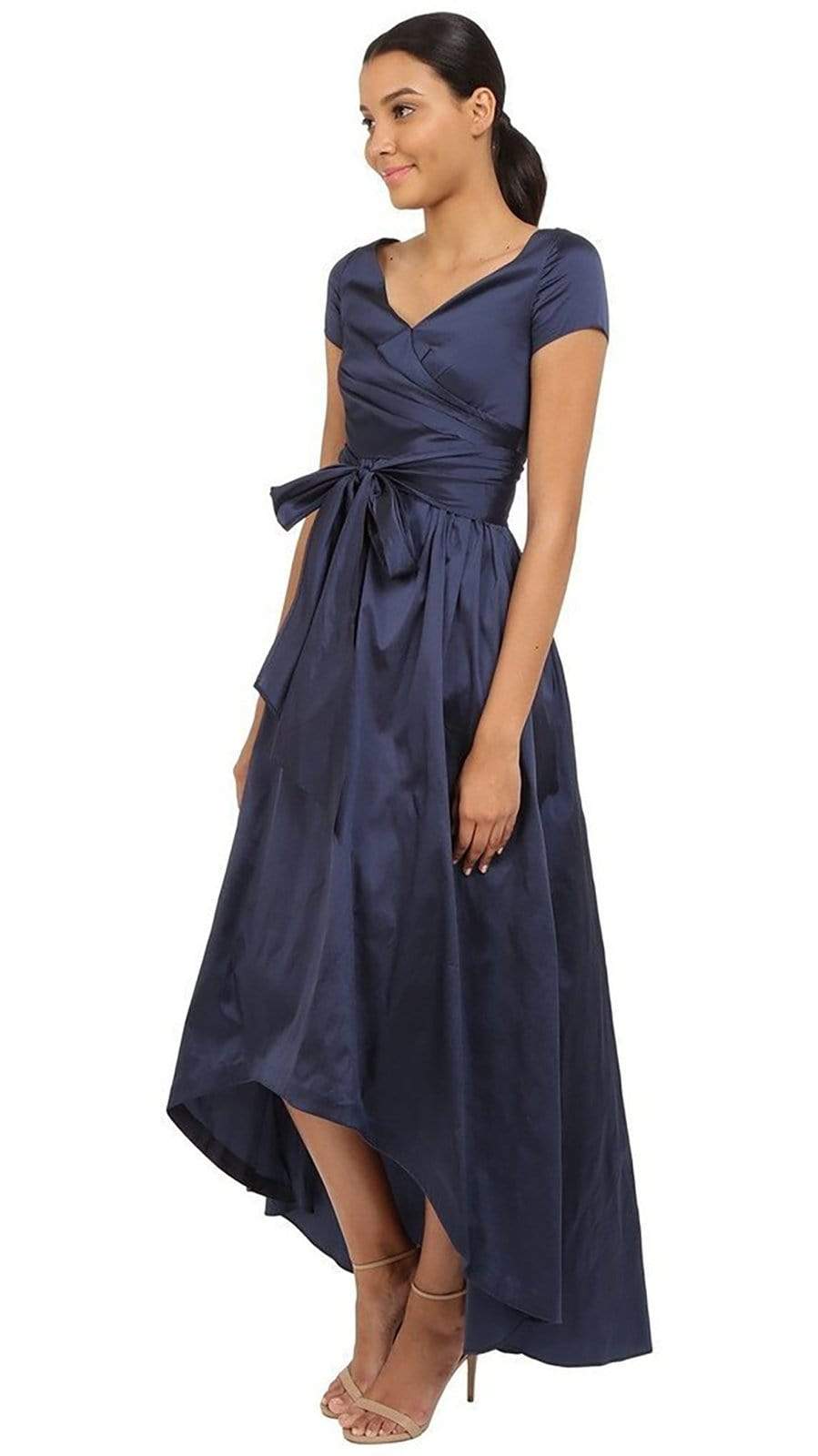 Adrianna Papell V-Neck Ruched Taffeta High-Low Dress 81917430 - 1 pc Navy in Size 8 Available CCSALE 8 / Navy
