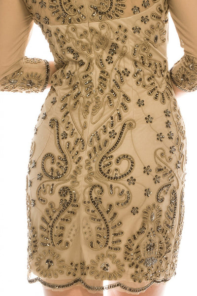 Adrianna Papell - 41892340 Quarter Sleeve Filigree Patterned Dress In Neutral