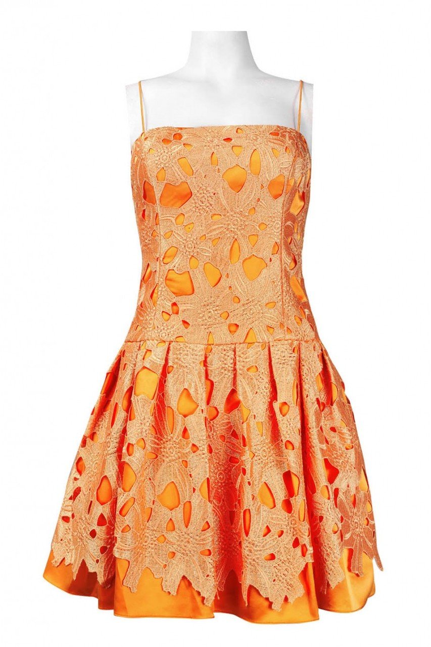 Adrianna Papell - 41893270 Crochet overlay short A-Line Dress in Orange