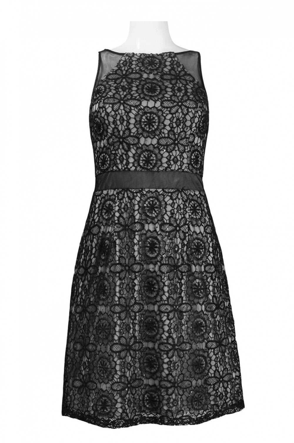 Adrianna Papell 41908460 - Short A-Line Dress - Mesh Insert, Sleeveless, Floral Crochet Lace, Full Back, Back Zipper Closure, Satin Waistband, Short Hem ADASA Adrianna Papell 41908460 - Short A-Line Dress - Mesh Insert, Sleeveless, Floral Crochet Lace, Full Back, Back Zipper Closure, Satin Waistband, Short Hem ADASA