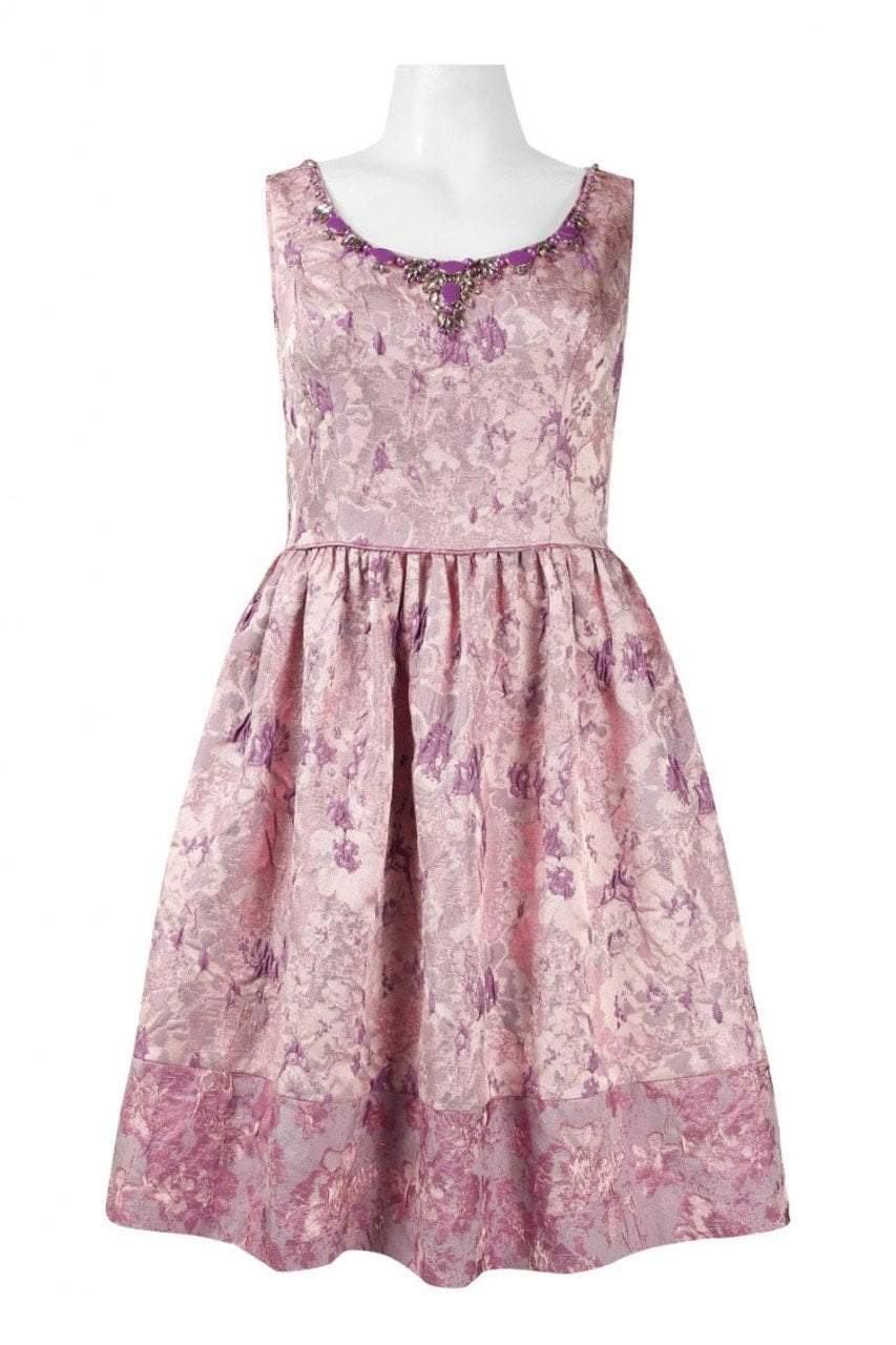 Adrianna Papell - 41919570 Metallic Jacquard Floral Cocktail Dress in Purple and Multi-Color