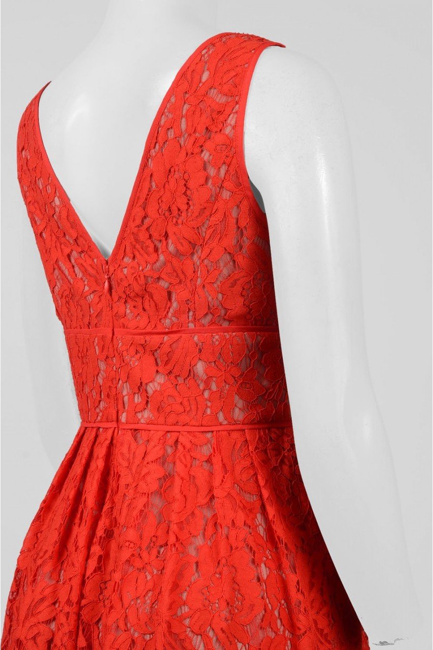 Adrianna Papell AP1D101098 - Short Lace A-Line Dress - Back Zipper, V-Neck, Pleated A-Line Skirt, Piping Details, V-Cut Back ADASA Adrianna Papell AP1D101098 - Short Lace A-Line Dress - Back Zipper, V-Neck, Pleated A-Line Skirt, Piping Details, V-Cut Back ADASA