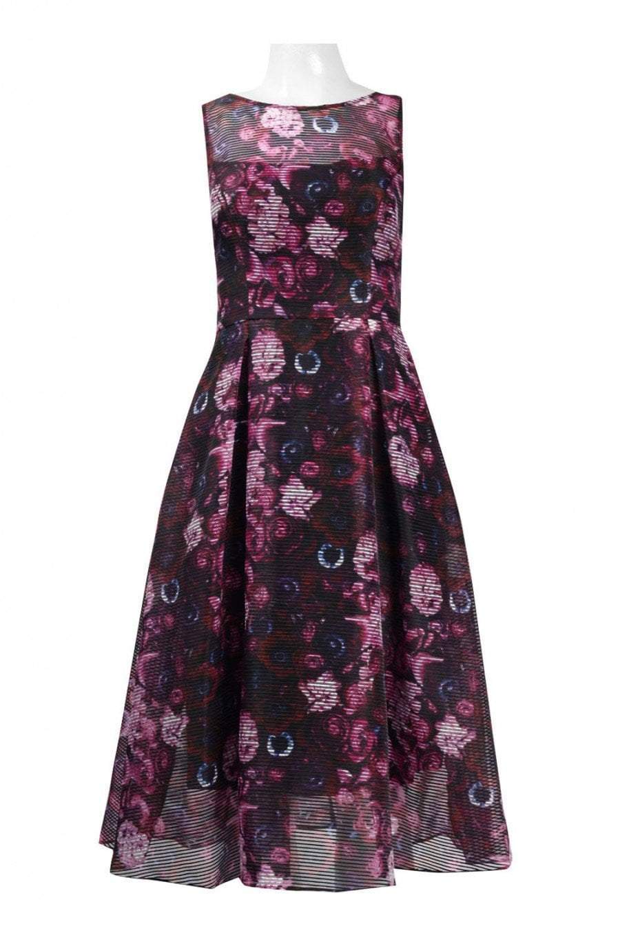 Adrianna Papell - AP1D101885 Printed Jewel Neck Pleated A-line Dress In Pink and Multi-Color