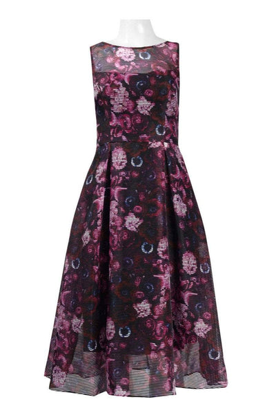 Adrianna Papell - AP1D101885 Printed Jewel Neck Pleated A-line Dress In Pink and Multi-Color