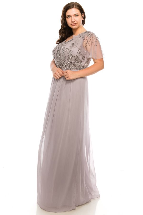 Adrianna Papell - AP1E203734W Embellished Chiffon A-line Gown In Purple and Gray