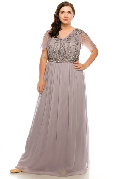 Adrianna Papell - AP1E203734W Embellished Chiffon A-line Gown In Purple and Gray