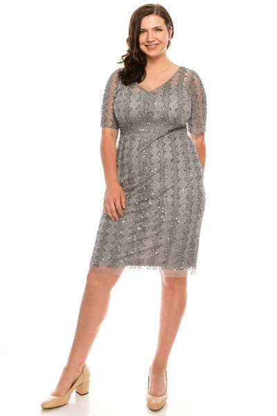 Adrianna Papell - AP1E205393 Illusion V-Neck Sheath Dress In Silver and Grey