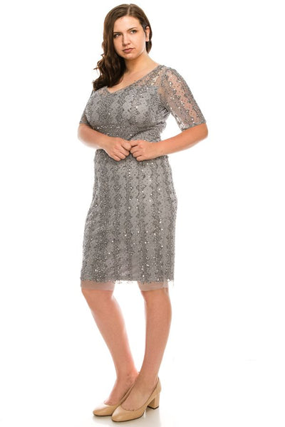 Adrianna Papell - AP1E205393 Illusion V-Neck Sheath Dress In Silver and Grey