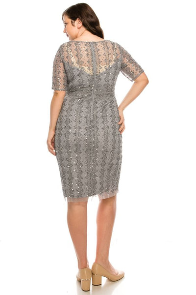Adrianna Papell - AP1E205393 Illusion V-Neck Sheath Dress In Silver and Grey