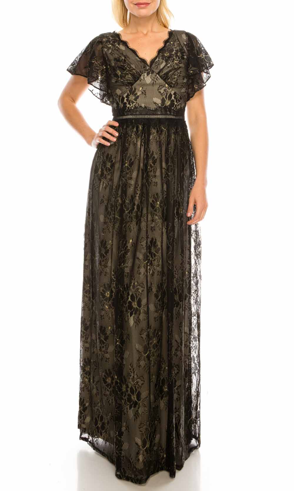 Adrianna Papell - AP1E205747 Flutter Sleeve V-Neck Dress In Black