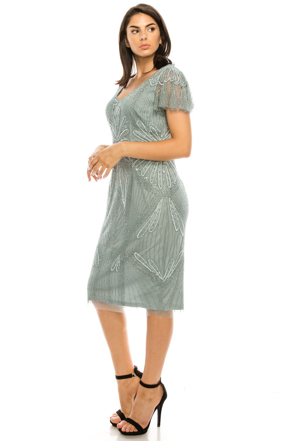 Adrianna Papell - AP1E205798W V Neck Beaded Sheath Midi Dress In Green and Gray