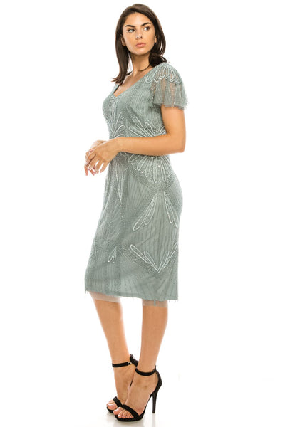Adrianna Papell - AP1E205798W V Neck Beaded Sheath Midi Dress In Green and Gray