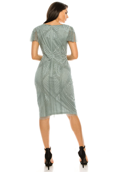 Adrianna Papell - AP1E205798W V Neck Beaded Sheath Midi Dress In Green and Gray