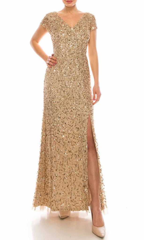 Adrianna Papell AP1E206322 - Long Sequined Mesh Sheath Dress - V-Back, Side  Slit, Short Sleeves, Extra Sequins Provided, Hidden Back Zipper, Lined,  Care: Spot Clean Only  ADASA