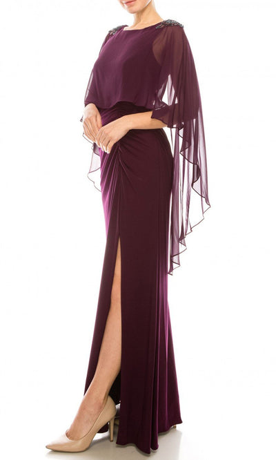 Adrianna Papell - AP1E206514 Ruched High Slit Sheer Cape Evening Dress In Red and Purple
