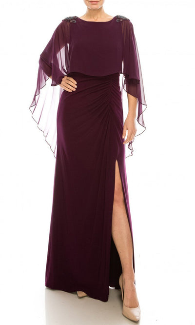 Adrianna Papell - AP1E206514 Ruched High Slit Sheer Cape Evening Dress In Red and Purple