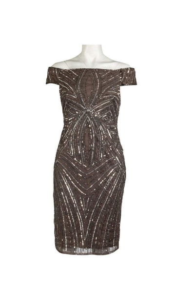 Adrianna Papell - Sequined Off-Shoulder Sheath Dress AP1E201100 In Gray