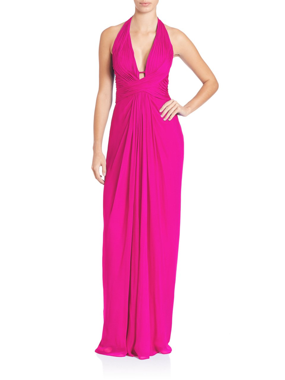 Aidan Mattox - 54469500 Plunging Halter Silk Draping Sheath Gown in Pink