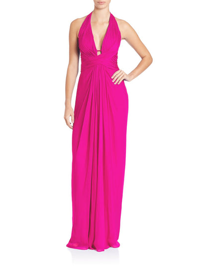 Aidan Mattox - 54469500 Plunging Halter Silk Draping Sheath Gown in Pink