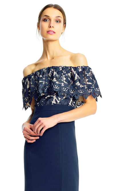 Aidan Mattox - Floral Lace Off-Shoulder Sheath Dress MN1E202072 - 1 pc Navy In Size 2 Available CCSALE 2 / Navy