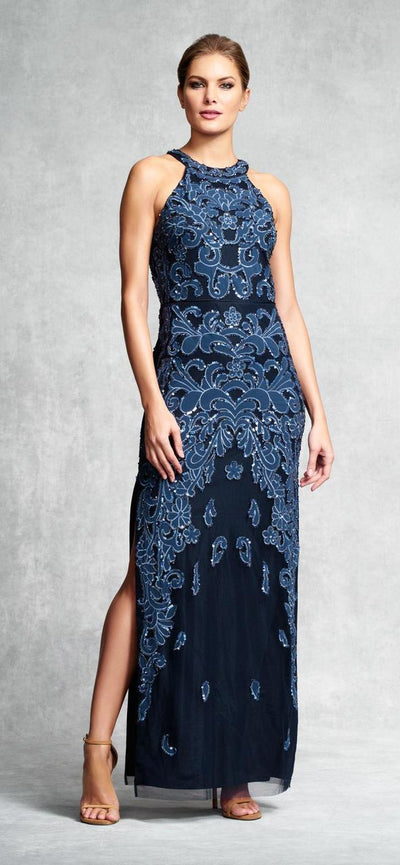 Aidan Mattox Halter Cutout High Slit Sheath Gown 54474110 - 1 pc Steel Blue In Size 10 Available CCSALE 10 / Steel Blue