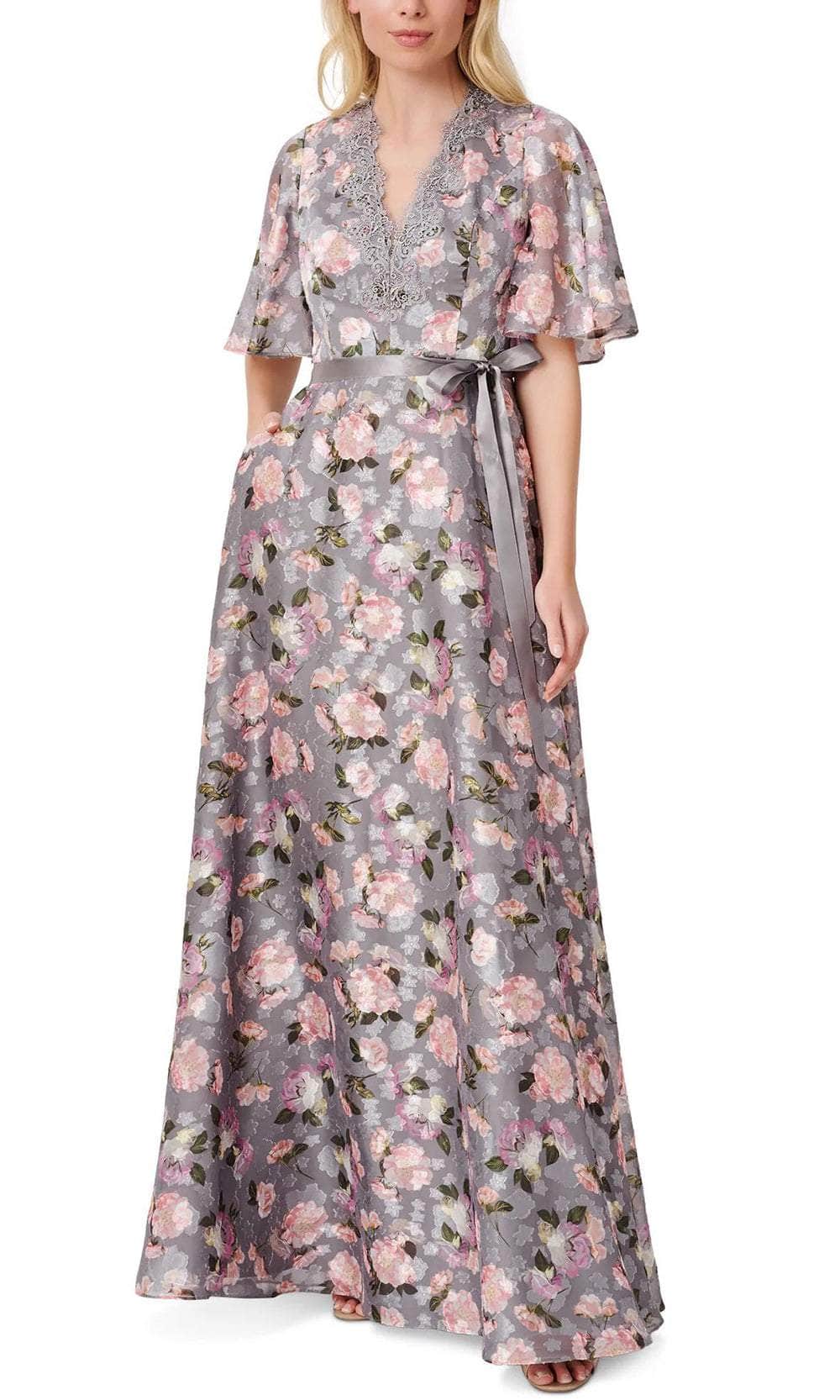 Aidan Mattox MD1E207259 - Flutter Sleeve Floral Long Dress Evening Dresses 2 / Grey Multi