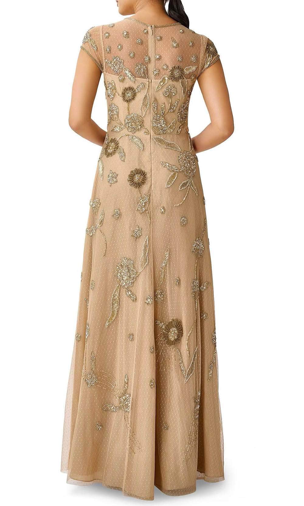 Aidan Mattox Illusion Crew Neck Cap Sleeve Zipper Back A-Line Beaded Mesh Dress Light Gold / 4 Aidan Mattox Illusion Crew Neck Cap Sleeve Zipper Back A-Line Beaded Mesh Dress Light Gold / 4