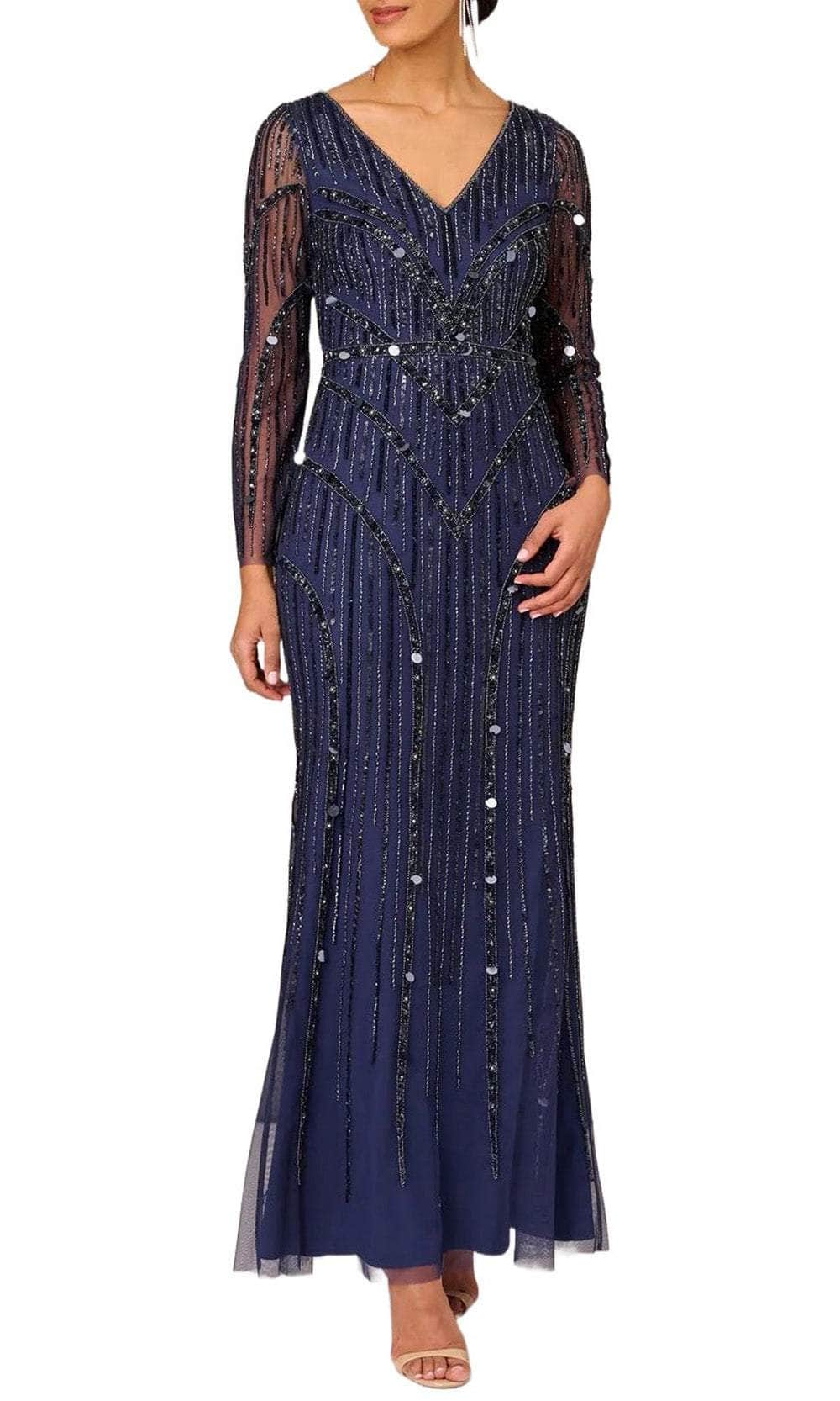 Aidan Mattox MD1E207928 - Illusion Long Sleeve Evening Gown Special Occasion Dress 0 / Navy