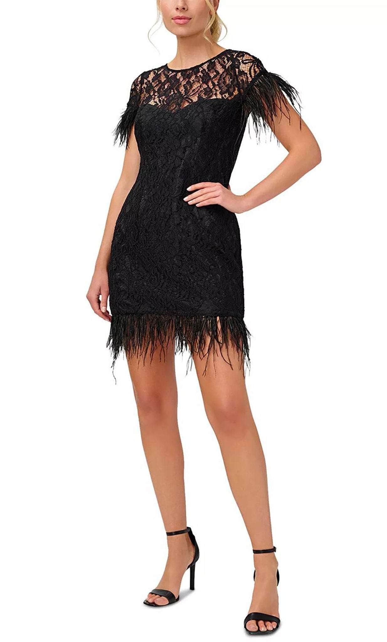 Aidan Mattox MN1E207483 - Lace Applique Feather Detailed Cocktail Dress Cocktail Dresses 0 / Black
