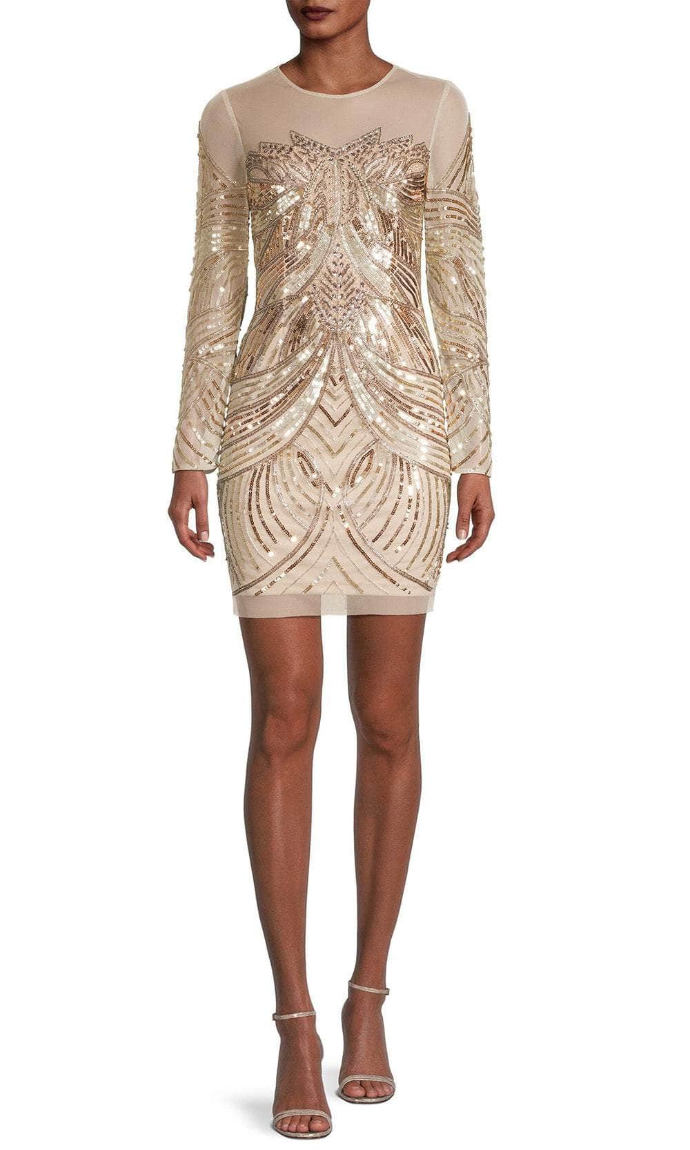 Aidan Mattox MN1E207561 - Long Sleeve Embellished Cocktail Dress Special Occasion Dress 0 / Light Gold