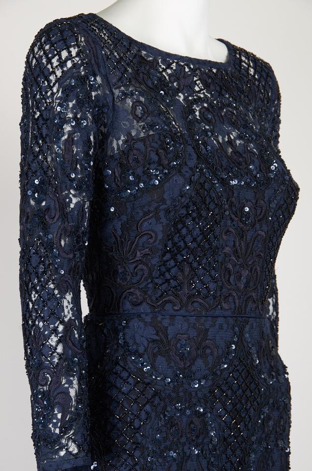 Aidan Mattox - MD1E201905 Lace Embroidered Bateau Column Dress in Blue and Black