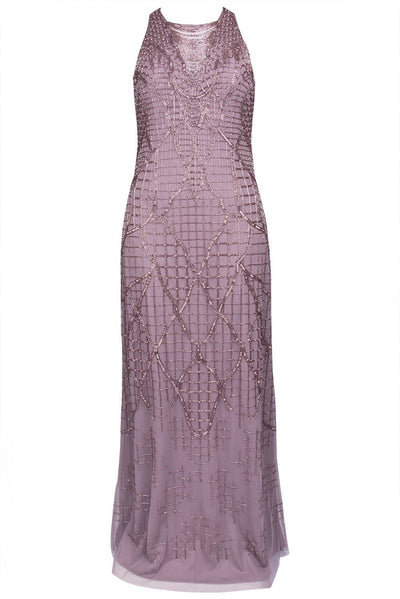 Aidan Mattox - MD1E202819 Lattice Beaded Gown with Criss Cross Back In Neutral and Purple