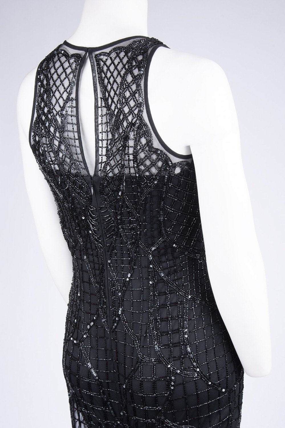 Aidan Mattox - MD1E202820 Illusion Neck Lattice Fringe Beaded Dress In Black