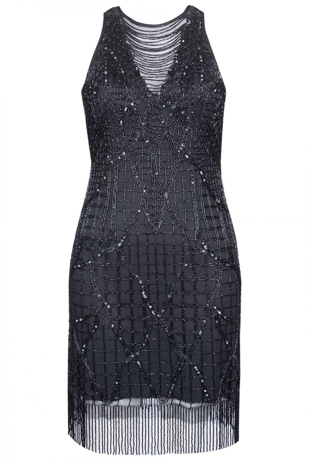 Aidan Mattox - MD1E202820 Illusion Neck Lattice Fringe Beaded Dress In Black
