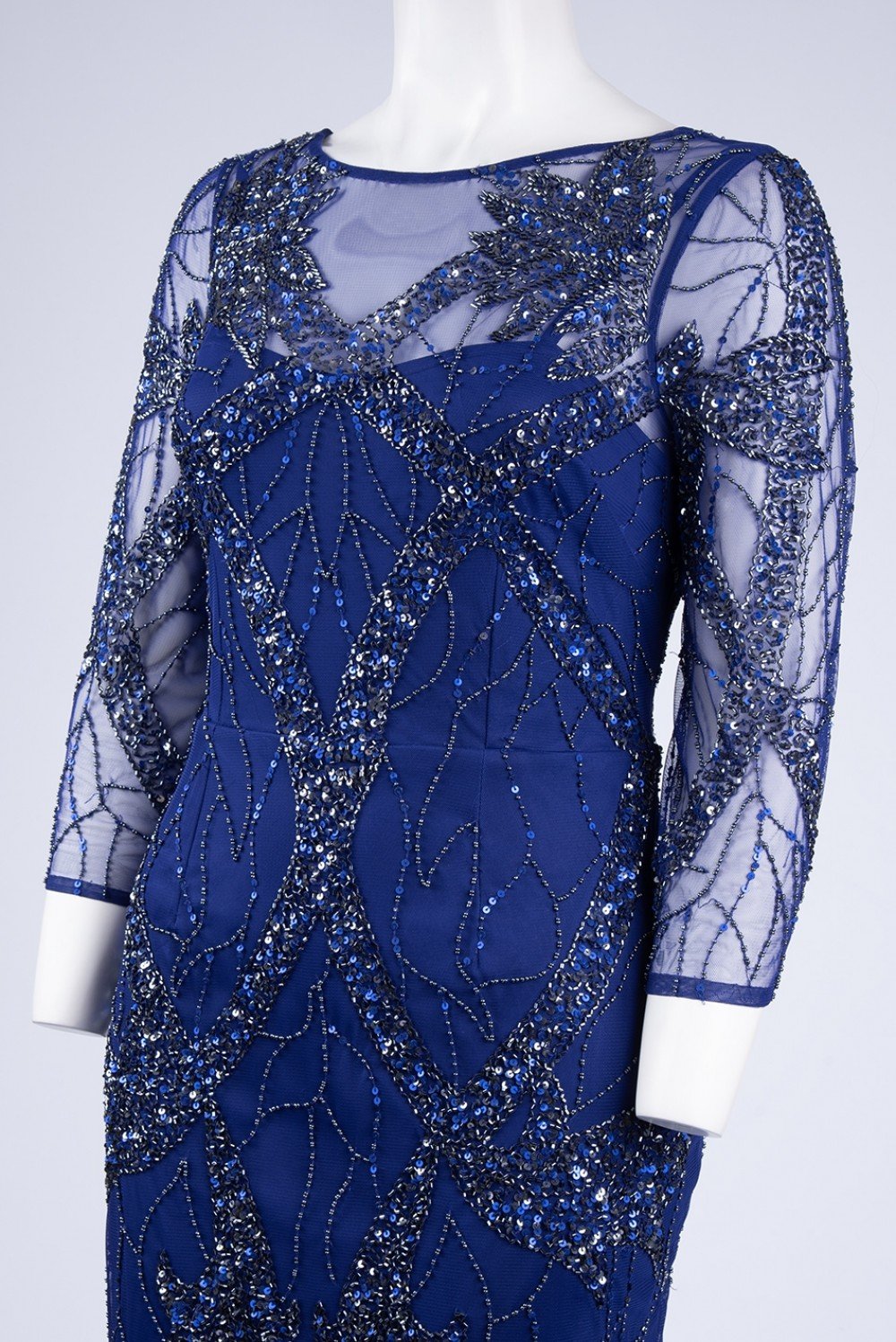 Aidan Mattox - MD1E203136 Quarter Sleeve Beaded Illusion Sheath Dress In Blue