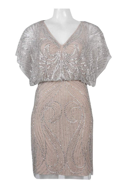 Aidan Mattox Sequined V-Neck Blouson Short Dress MD1E200692 In Silver and Nude