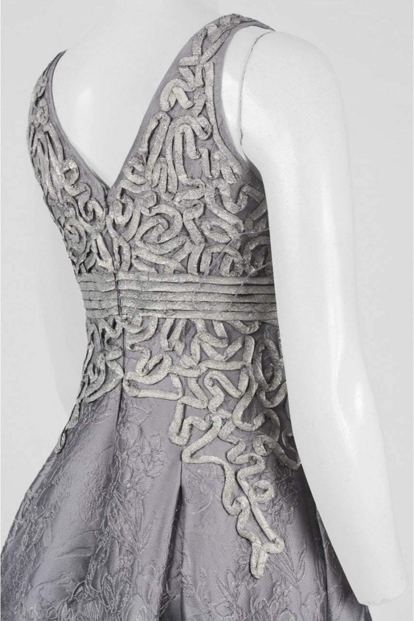 Aidan Mattox - MD1E201384 V-neck Floral Jacquard Ballgown in Silver