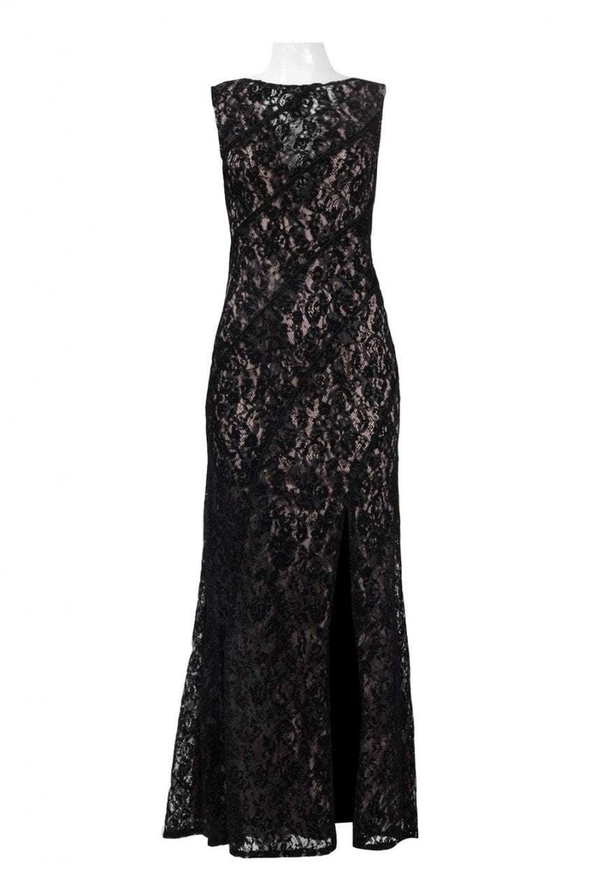 Aidan Mattox - MD1E201455 Illusion V-Neck Floral Lace Evening Gown in Black