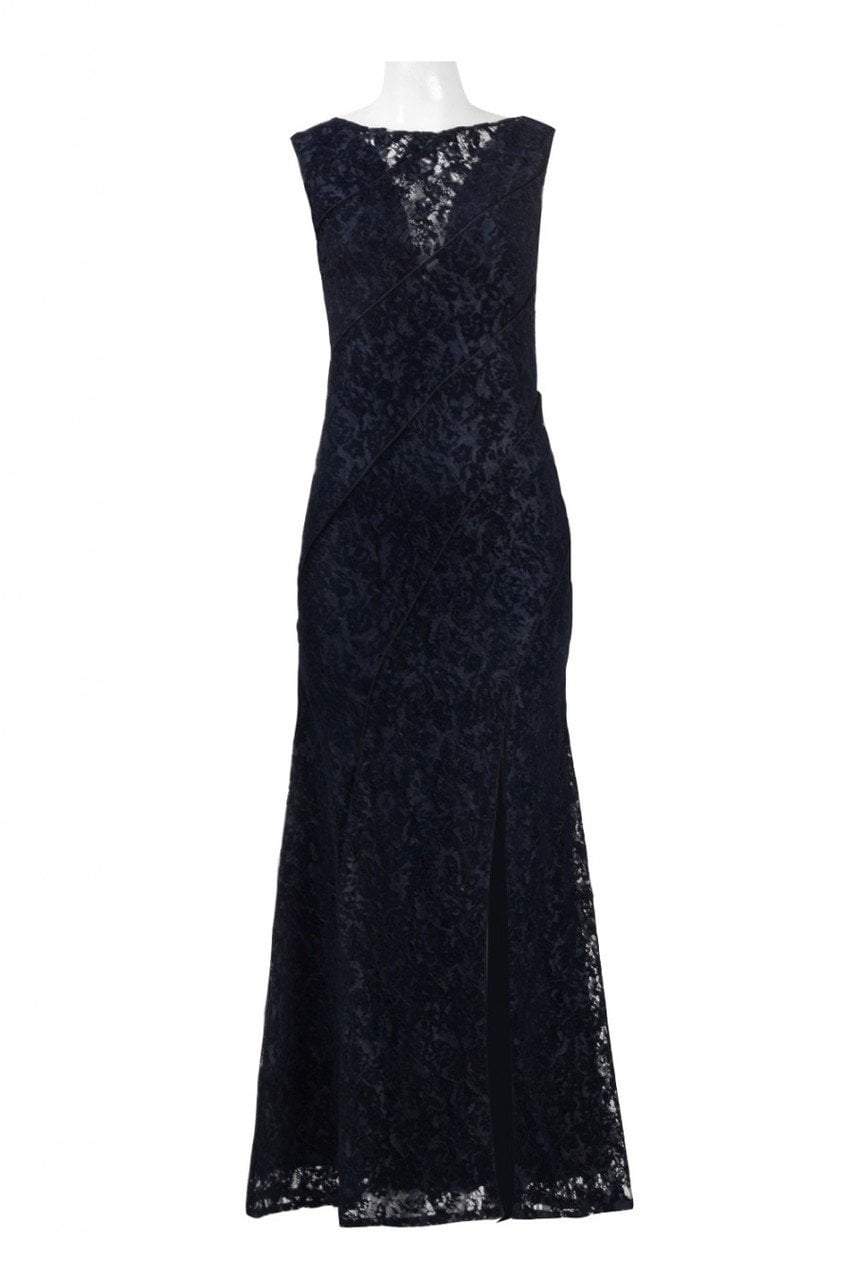 Aidan Mattox - MD1E201455 Illusion V-Neck Floral Lace Evening Gown in Blue