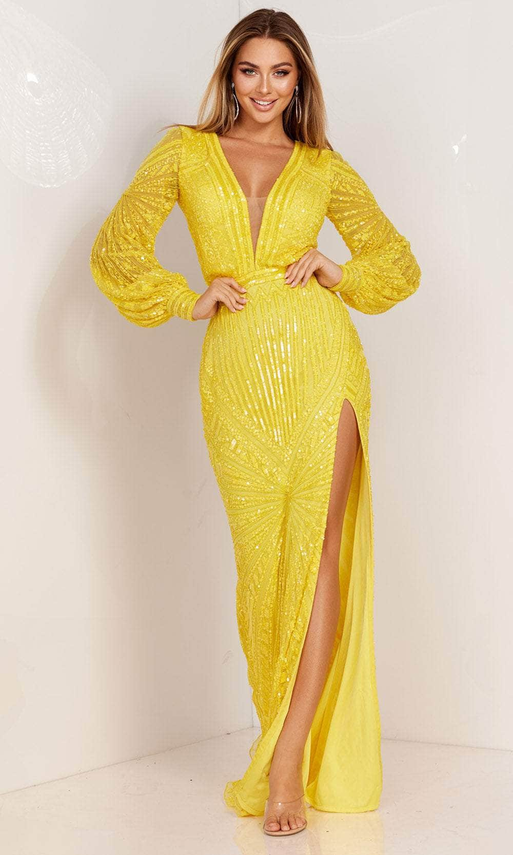 Aleta Couture 1128 - Geo-Beaded Plunging Evening Gown Special Occasion Dresses 000 / Yellow