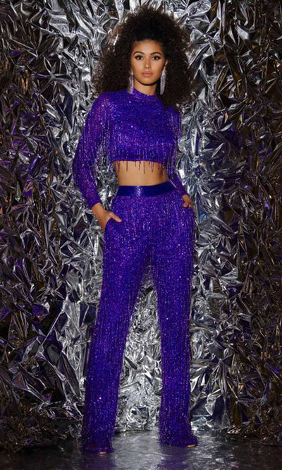 Aleta Couture 813 - High Neck Two-Piece Jumpsuit Formal Pantsuit 000 / Violet